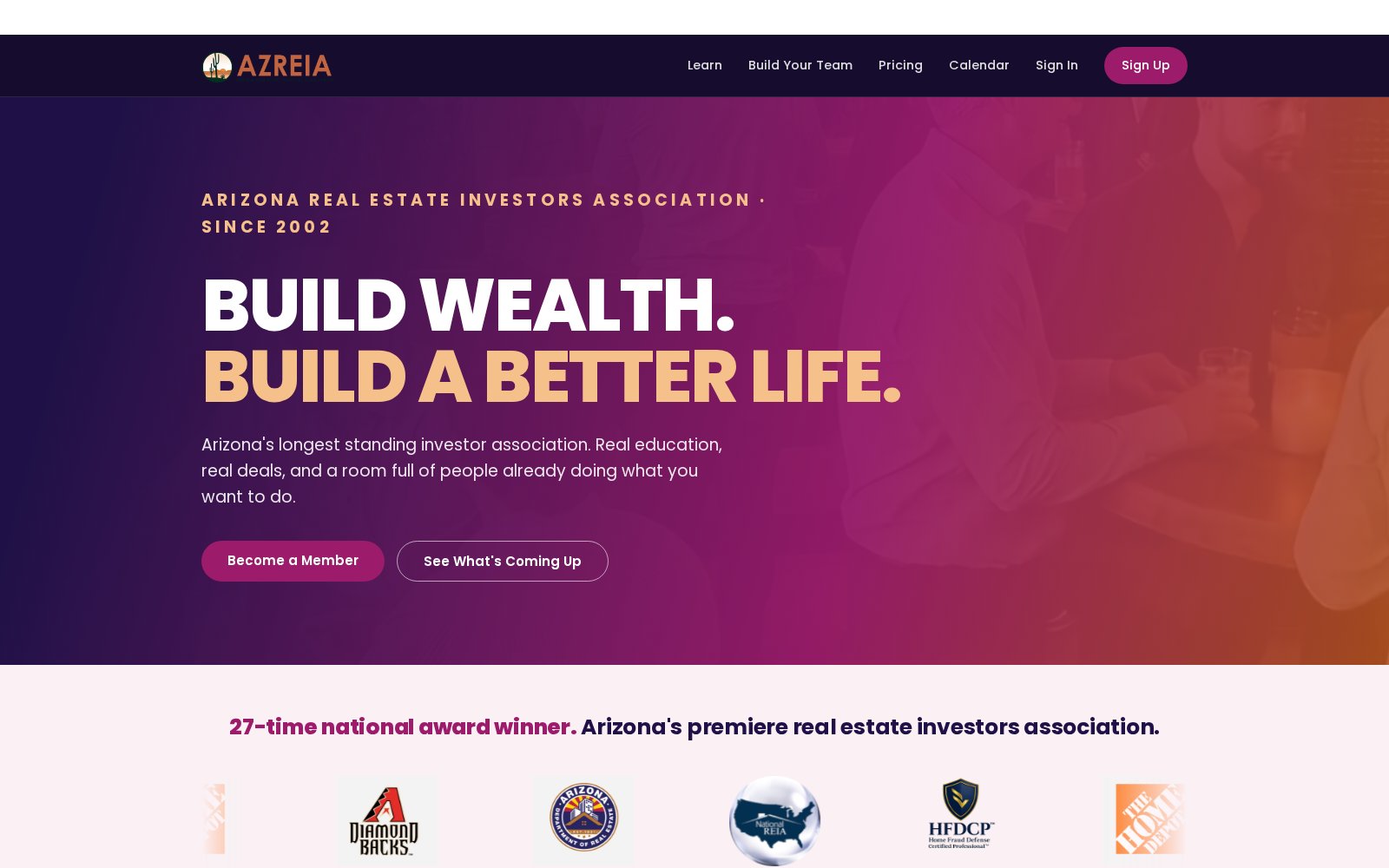 AZREIA homepage screenshot - Arizona Real Estate Investors Association site header and hero