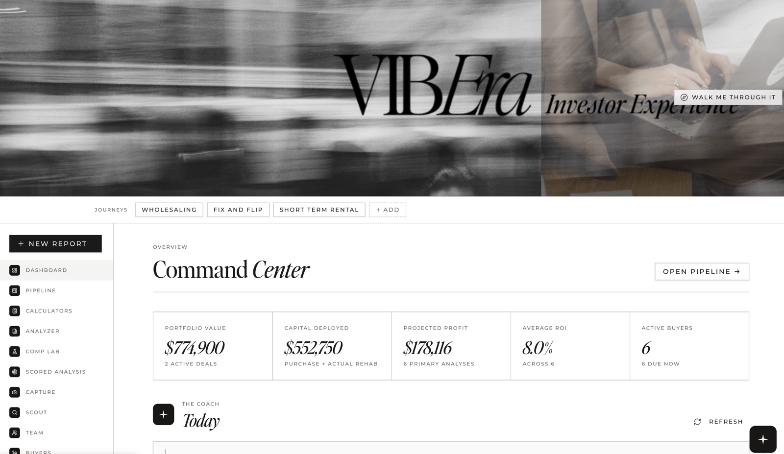VIBEra Investor Experience Command Center dashboard screenshot - portfolio value, capital deployed and pipeline stats
