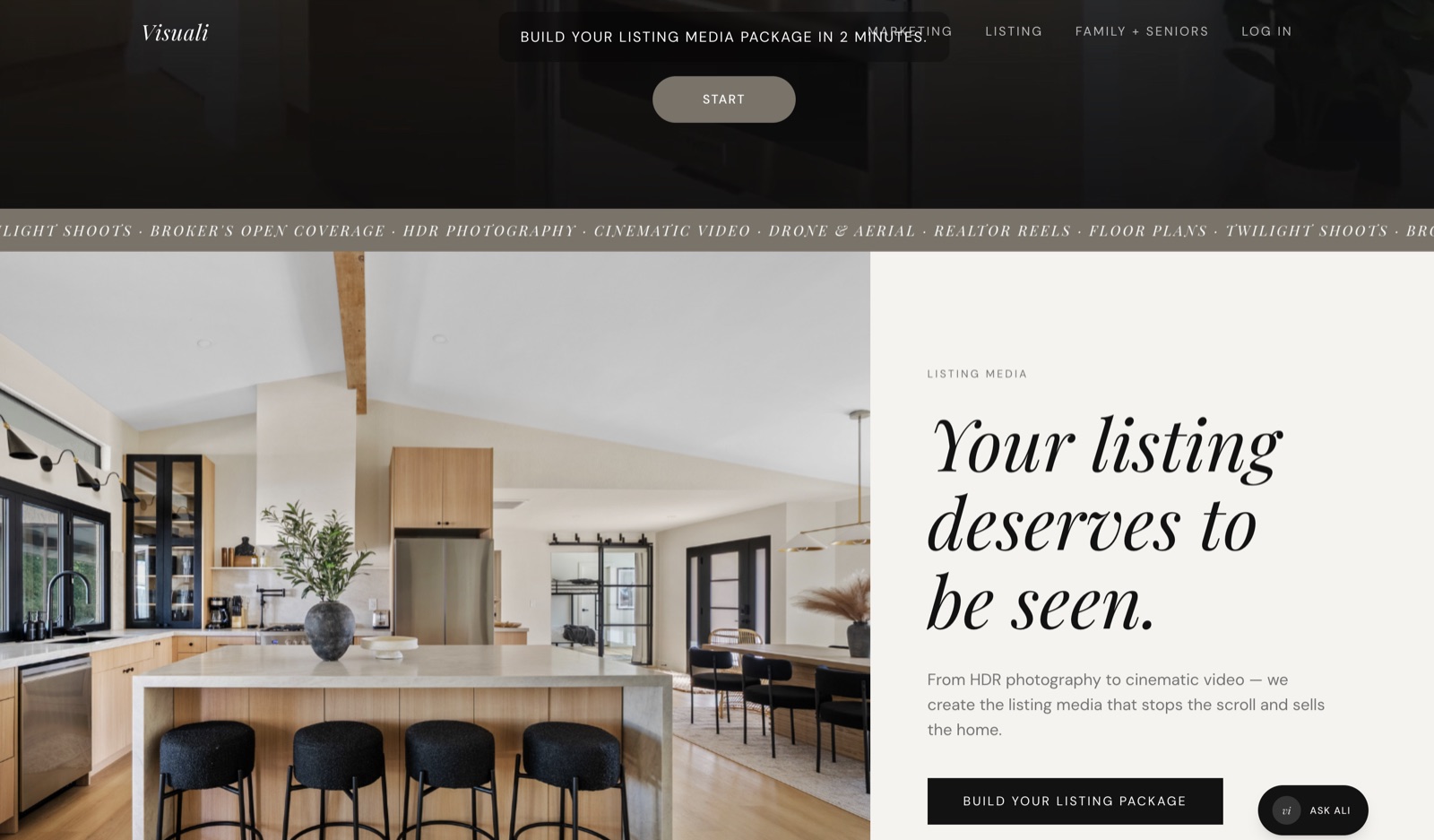 Visuali homepage screenshot - listing media package builder with the headline Your listing deserves to be seen