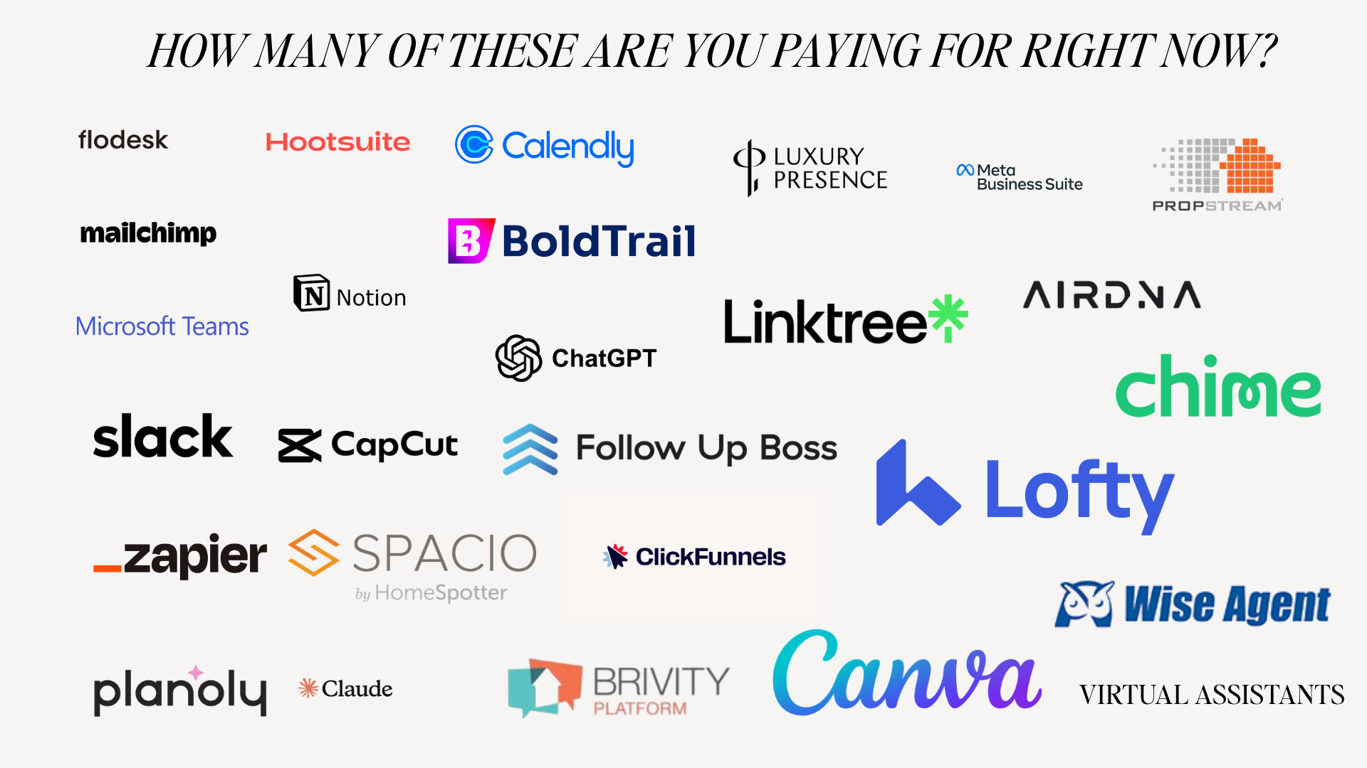 Collage of tool logos agents pay for today - CRMs, schedulers, design, email and social tools - captioned How many of these are you paying for right now