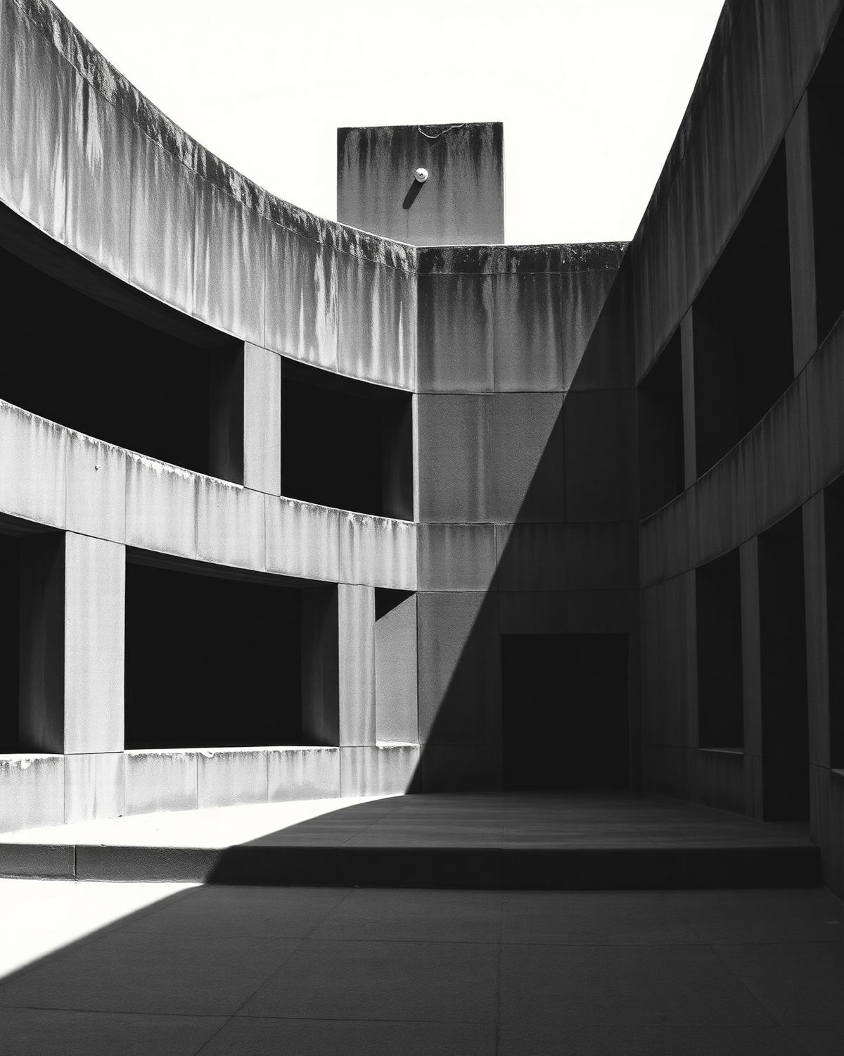 Black and white architectural courtyard in raking light