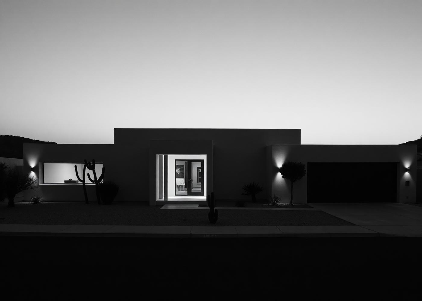 Black and white desert house exterior at dusk