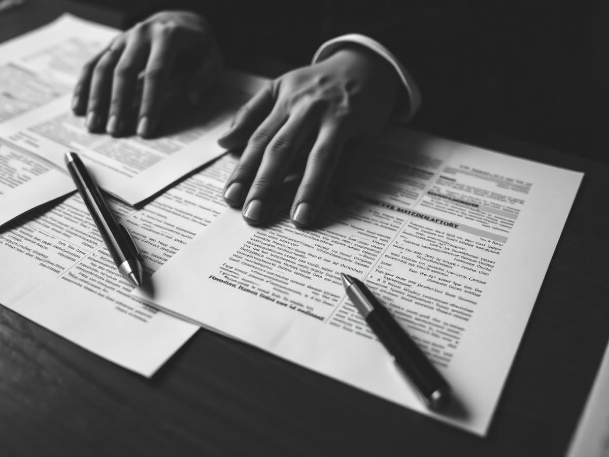 Black and white close up of hands on printed documents