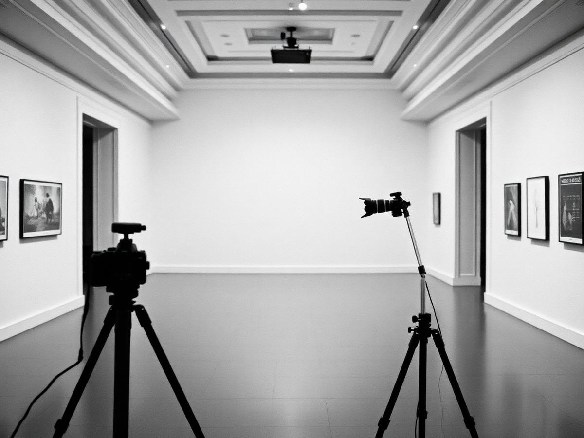 Black and white empty room with camera on a tripod
